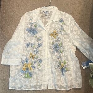 Floral Embroidered Sheer White Blouse